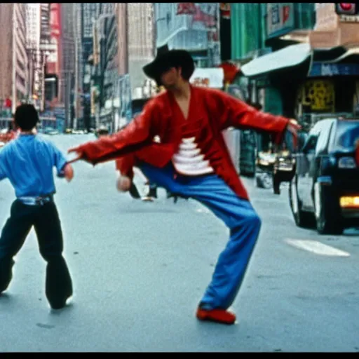 Image similar to film still of the 1995 movie 'Kung-Fu Cowboys of NYC'. Exciting kung-fu action scene. Sigma 85mm f/8