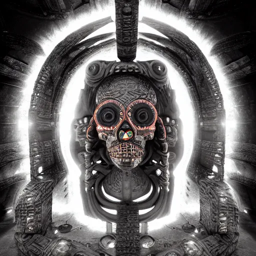 Image similar to cyclopean deity with stargate eye and molten circuitry structure skull, intricate detail, royo, whealan, giger, hd, 8 k, octane render, unreal engine,