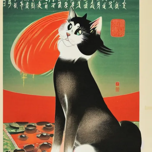 Image similar to chinese propaganda poster with a cat as the centerpiece