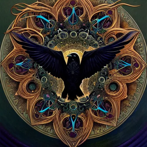 Image similar to simple mandala of ravens, emotionally evoking symbolic metaphors, fantasy, ornamental, detailed digital painting, artstation, concept art, painterly, sharp focus, illustration, art by John Collier and Krenz Cushart and Artem Demura and Rafael and Alphonse Mucha and Albert Aublet