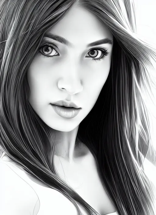 Image similar to full body portrait of a beautiful young woman in black and white, photorealistic, hair down to waist, sharp focus, in the style of Kevin Kostic, Stephen Lau and artgerm, hyper sharp focus, 8k highly detailed