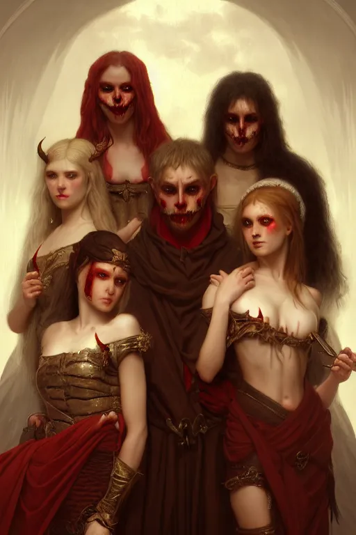 Prompt: a horrific demonic portrait of Satan and his concubines, white eyes, bored, illustration, soft lighting, soft details, painting oil on canvas by Edmund Blair Leighton and Charlie Bowater octane render, HDR, trending on artstation, 4k, 8k, HD