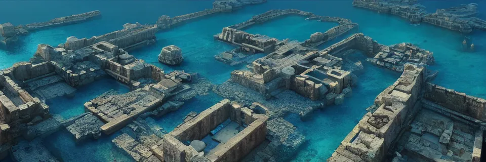 Prompt: a beautiful digital illustration of a sprawling underwater byzantine city by beeple | cinematic | unreal engine | octane | photorealistic | horizontal symmetry