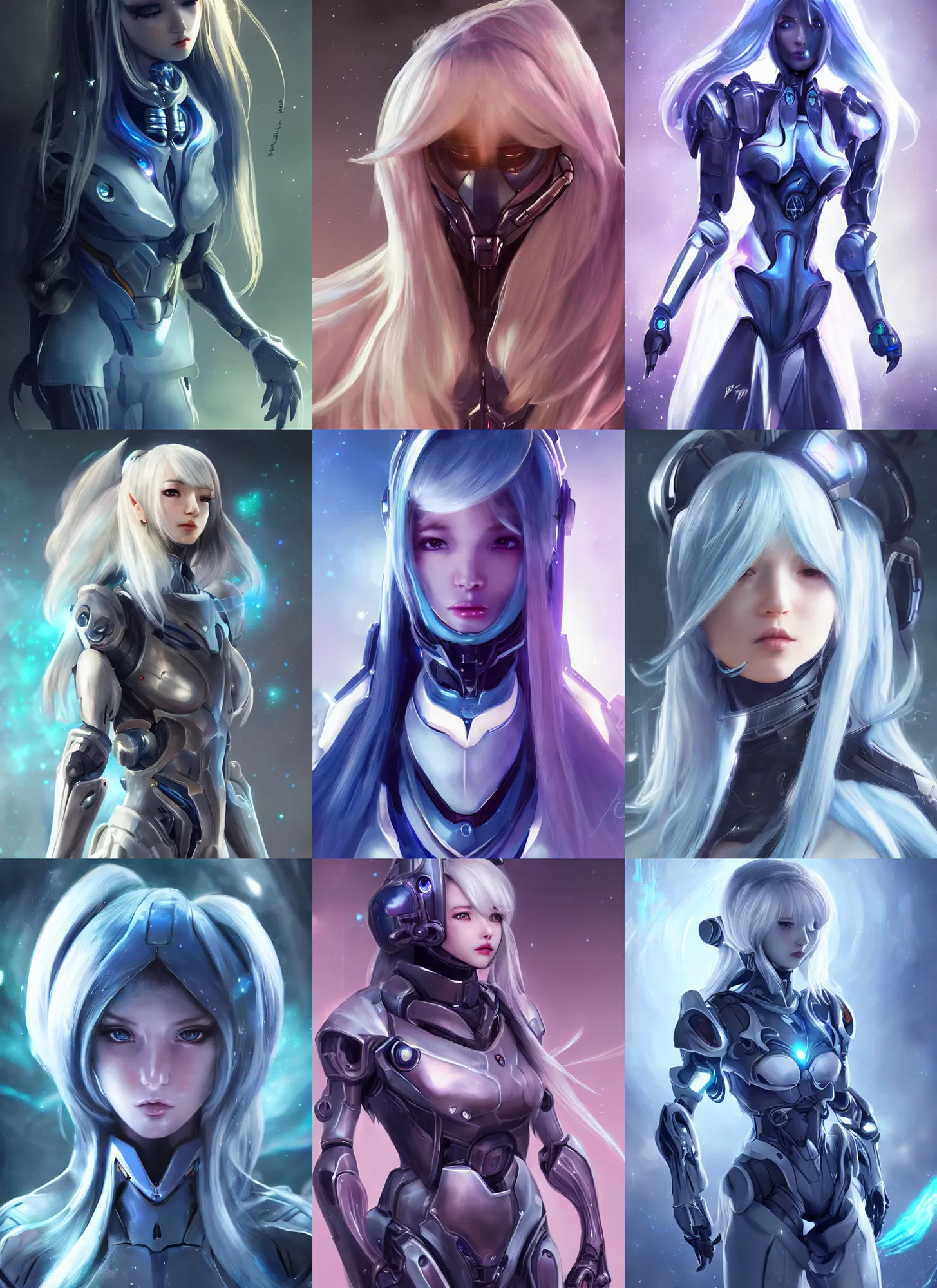 Image similar to perfect android girl, warframe armor, beautiful face, scifi, futuristic, galaxy, nebula, bae suzy, dreamy, long white hair, blue cyborg eyes, cinematic lighting, highly detailed, very cute, focused, artstation, divine, by gauthier leblanc, kazuya takahashi, huifeng huang, jama jurabaev