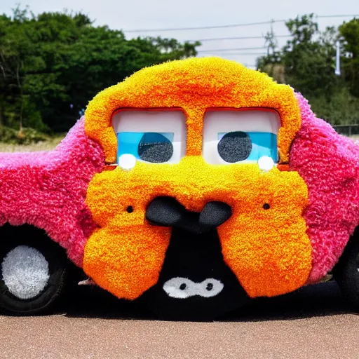 Image similar to A goofy car with a furry carpet outside