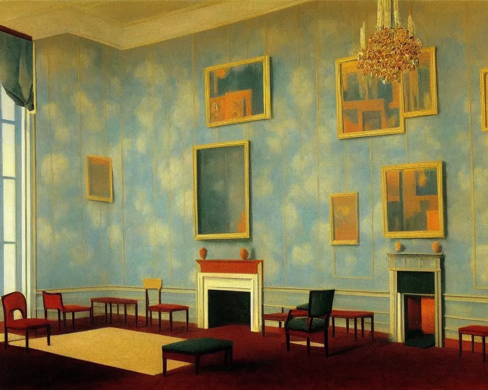 Prompt: achingly beautiful painting of a sophisticated, well - decorated, modern parlor room by rene magritte, monet, and turner.