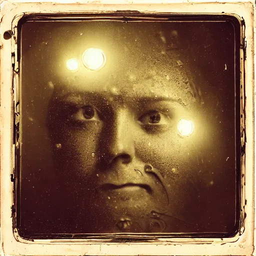 Image similar to old wetplate daguerreotype portrait of the pleasure bot, explosion of data fragments, fractal, intricate, elegant, highly detailed, parallax, leica, medium format, subsurface scattering, by jheronimus bosch and greg rutkowski and louis jacques mande daguerre,