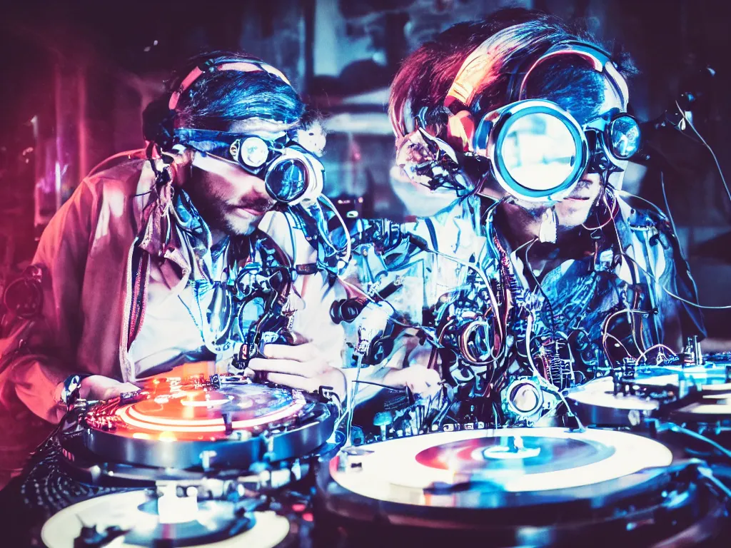 Image similar to a person wearing goggles and visor and headphones using a steampunk record player contraption, wires and tubes, turntablism dj scratching, intricate planetary gears, cinematic, imax, sharp focus, leds, bokeh, iridescent, black light, fog machine, hazy, lasers, hyper color digital art, cyberpunk