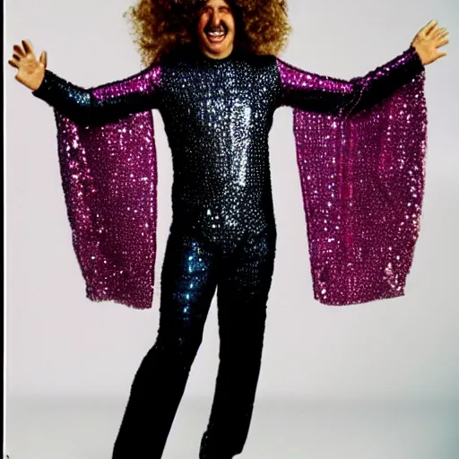 Image similar to uhd candid photo of disco stu wearing disco suit, intricate disco costume. correct face, correct disco attire. photo by annie leibowitz