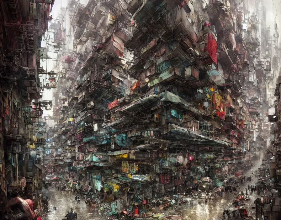 Prompt: street in kowloon slum, dark alien city with organic mushrooms in the corners, perspective stretching upwards, temples, huge alien buildings, a dark, poisonous, alien biosphere, bridges, puddles on ground, scifi, science fiction spacecraft, jagged blocks of stone, multicoloured, john berkey, daniel dociu, jeremy mann, castle artstation trending