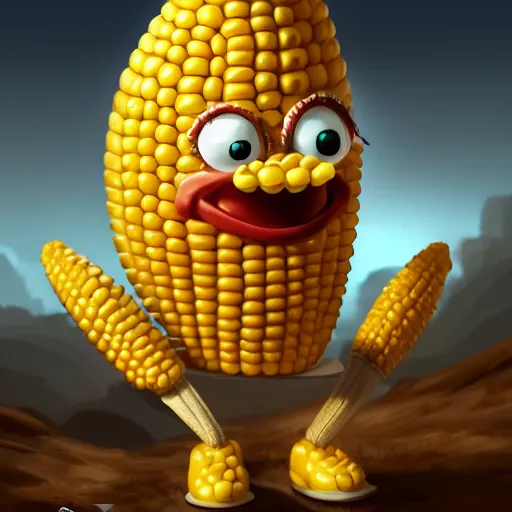 Image similar to Anthropomorphic corn cob is a video game developer working late into the night on his greatest game ever, hyperrealistic, artstation, 8k, concept art, very detailed, hd, digital painting, dramatic lighting