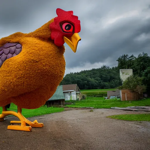 Prompt: Giant automoton chicken destroying a village (1942), Canon EOS R3, f/1.4, ISO 200, 1/160s, 8K, RAW, unedited, symmetrical balance, in-frame