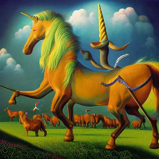 Image similar to Surreal painting named Unicorn kingdom by Vladimir Kush