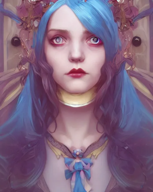 Prompt: symmetrical portrait of a pretty girl with blue hair dressed as alice and wonderland, digital painting, 8 k, concept art, art by wlop, artgerm, greg rutkowski and alphonse mucha