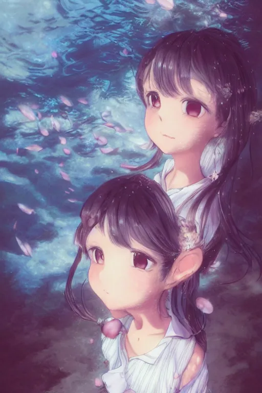 Image similar to 3d infrared render portrait of beauty 3d anime schoolgirl ruffled friends hair art by hiro kiyohara. underwater water. school best friends. ultra cutest face and dark hair. dramatic light, trending on artstation, art by hayao miyazaki oil painting.