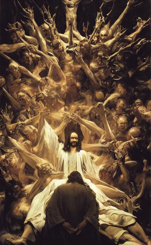 Image similar to jesus christ wearing blindfold!!!!! sitting on a huge!!!! throne of entwined bodies, elegant, ominous, highly detailed painting by goya!!! phil hale!! gaston bussiere, craig mullins, j. c. leyendecker, 8 k, mid shot