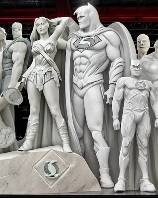 Image similar to a giant white marble sculpture depicting the Justice league, detailed, intricate Marble sculptures of Green Lantern, Flash, Superman, Batman, Wonder Woman, Aquaman and Martian Manhunter all carved out of one giant Block of Marble