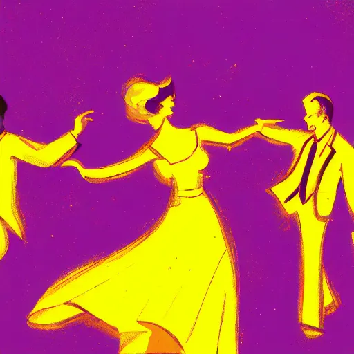 Image similar to The sun is exploding while Latino Cubans Dancers Salsa Dancing by Stanley Artgerm Lau, sun exploding on the background, Gesture draw, Salsa Social Dance, couple, lady using yellow dress, guy using the purple fancy suit, Salsa tricks, explosive background, WLOP, Rossdraws, Gesture draw, James Jean, Andrei Riabovitchev, Marc Simonetti, and Sakimichan, trending on artstation