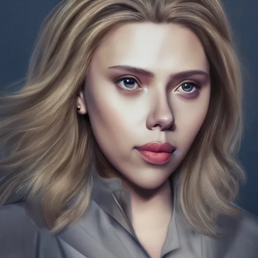 Image similar to Scarlett Johansson and Elizabeth Olsen crossbreed, illustrated and rendered by Xie Boli, trending on artstation, 4k, 8k, photorealistic imagery, photorealistic details, intricate, highly detailed