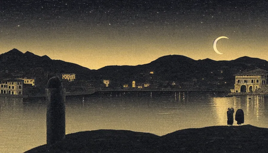 Image similar to italy historical sites at night with moon, by hasui kawase, silent, loneliness, cinematic composition