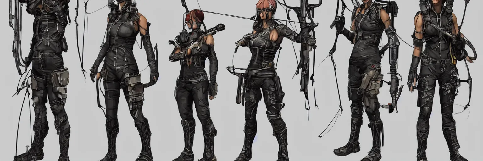 Prompt: character designs of cyberpunk archer, carrying compound bow, tactical, style over substance, layout