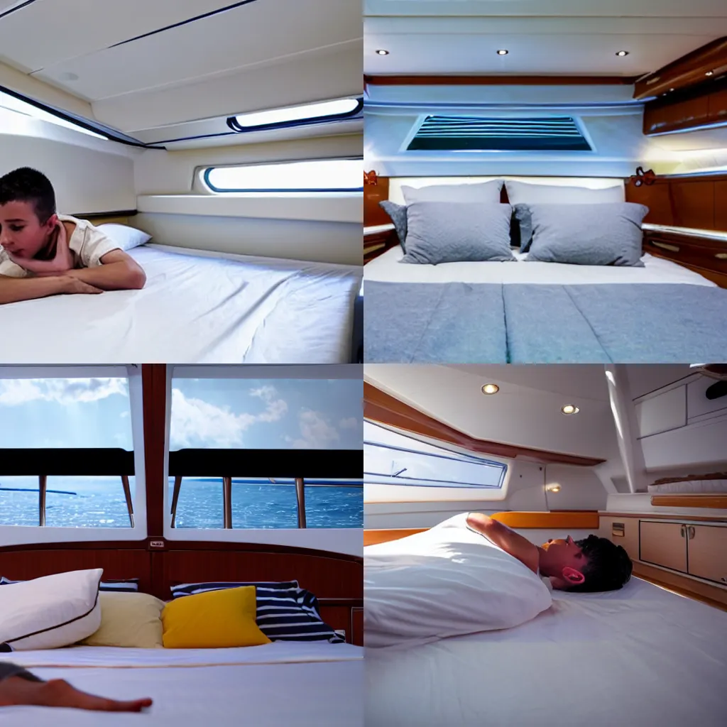 Prompt: Boy is lying on the bed and dreaming about yachting