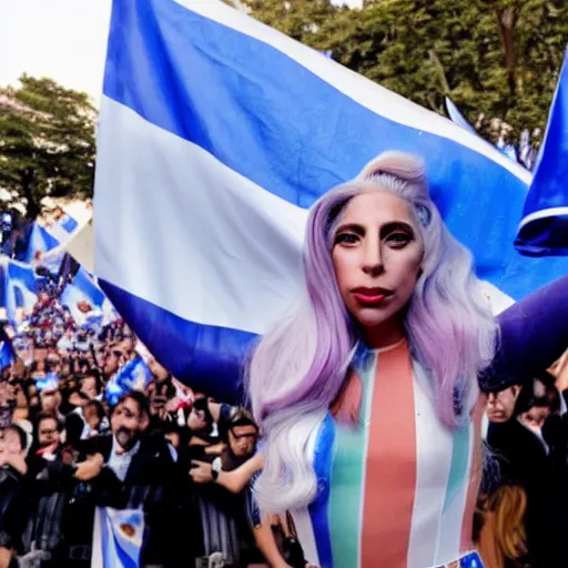 Image similar to Lady Gaga as president, Argentina presidential rally, Argentine flags behind, bokeh, giving a speech, detailed face, Argentina