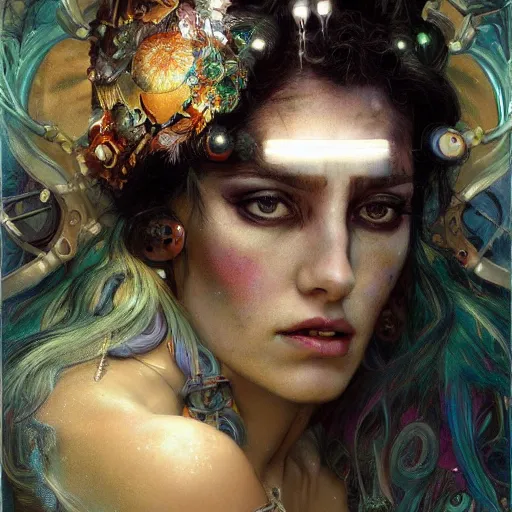 Image similar to extremely psychedelic beautiful cyborg queen of lsd. intricate, elegant, highly detailed, extremely lifelike photorealistic digital painting, artstation. steichen, gaston bussiere, tom bagshaw, cyberpunk alphonse mucha. dark pallet, melancholy. anatomically correct in every way. sultry. sharp focus. soft light.