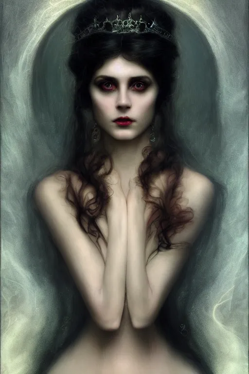 Image similar to a portrait of bio - luminescent beautiful demon queen in deep, black darkness, shining eyes, illustration, dramatic lighting, soft details, painting oil on canvas, art nouveau, octane render, hdr, 4 k, 8 k, hd, by edmund blair leighton, brom, charlie bowater, trending on artstation, faces by tom bagshaw, sargent