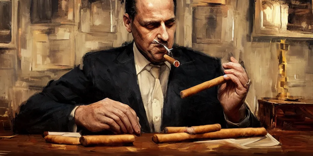 Prompt: abstract oil matte portrait painting, mafia boss smoking a cigar at his 5 0 s new york office desk, wonderful masterpiece highly detailed, beautiful cinematic light deep focus, elegant, digital painting, smooth, sharp focus, golden ratio, dramatic illumination, ultra realistic, 8 k, art by jimmy law