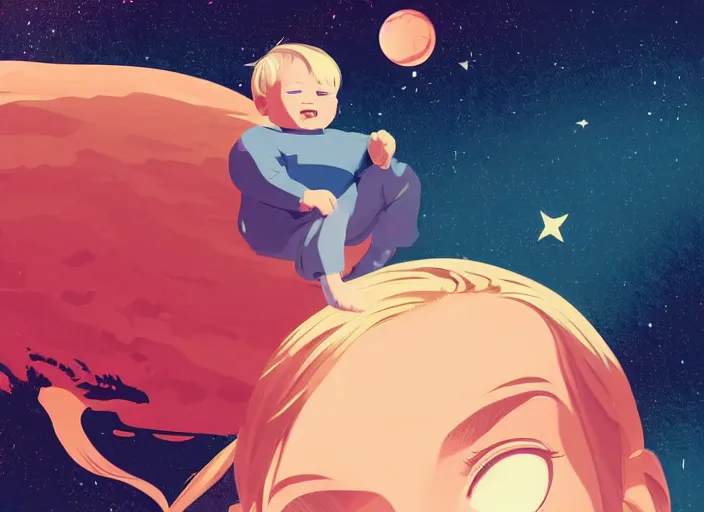 Image similar to a newborn baby with blonde hair floating in space. clean cel shaded vector art. shutterstock. behance hd by lois van baarle, artgerm, helen huang, by makoto shinkai and ilya kuvshinov, rossdraws, illustration, art by ilya kuvshinov