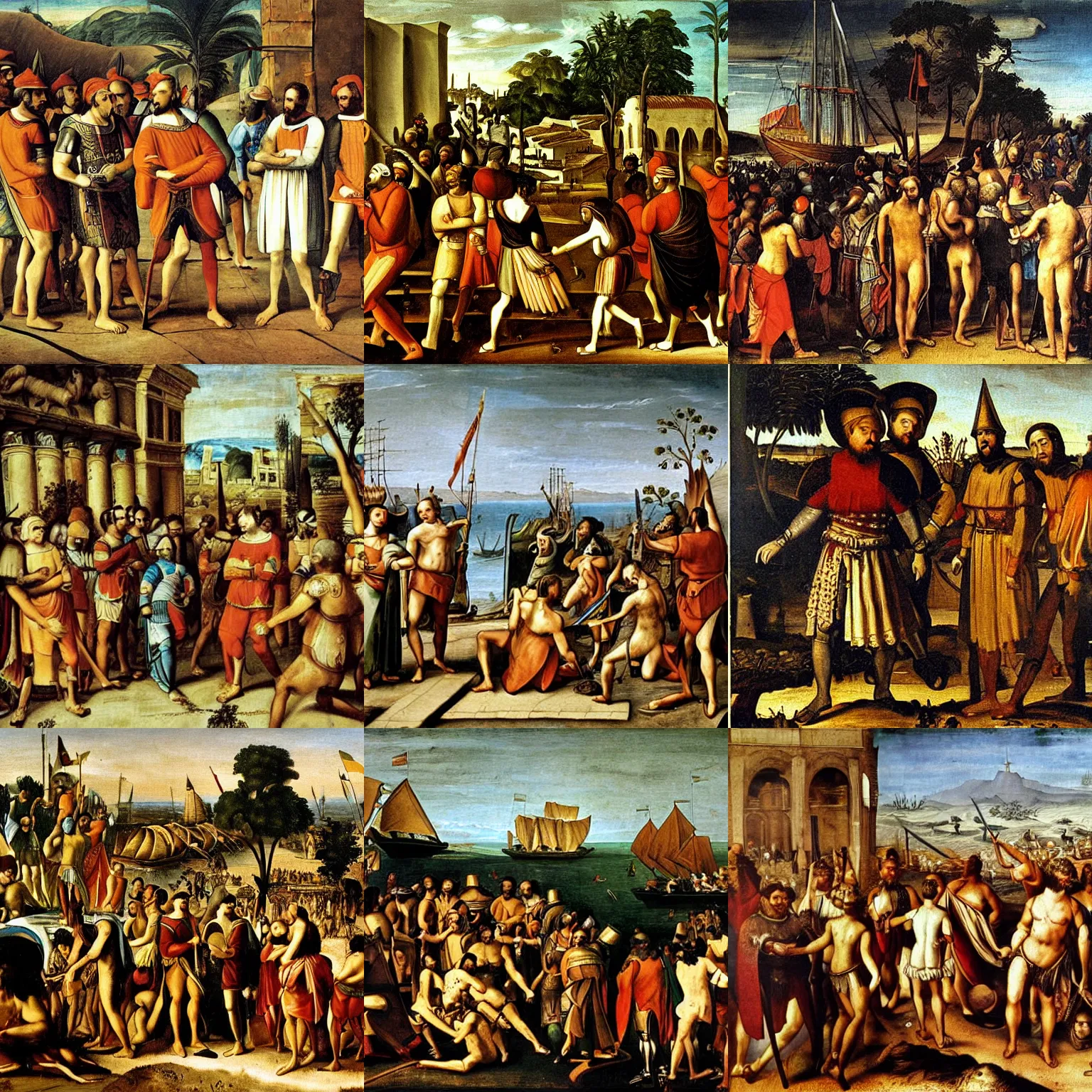 Prompt: The Portuguese discover Brazil in caravelles, 1500 painting