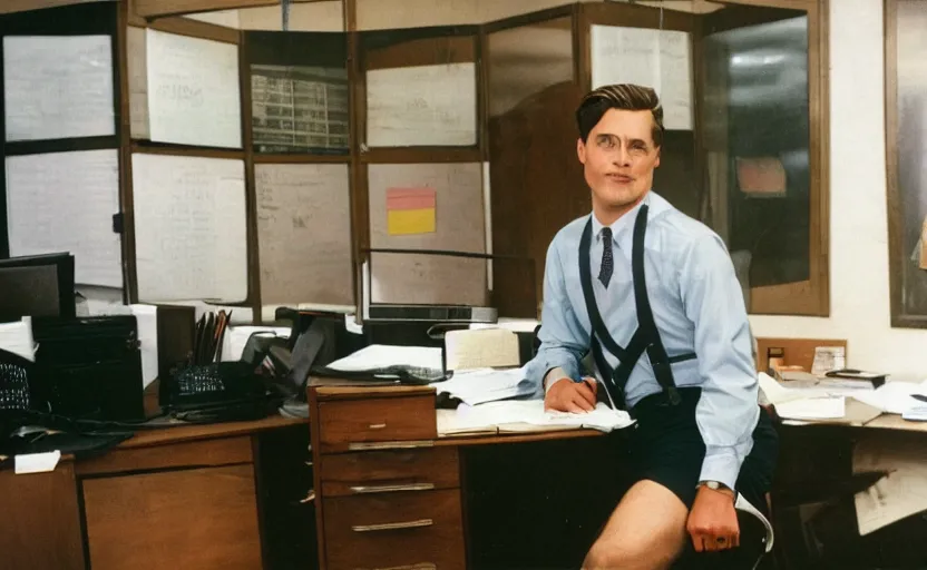 Prompt: color photo of a photomodel handsome wall street banker wearing suspenders in his office. 8 0's style