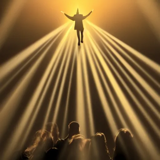 Image similar to heavens opening, weird al descending from heaven, god rays
