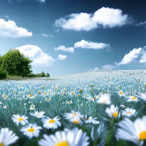 Image similar to a field of light blue daisies with a white sky in the background, matte painting