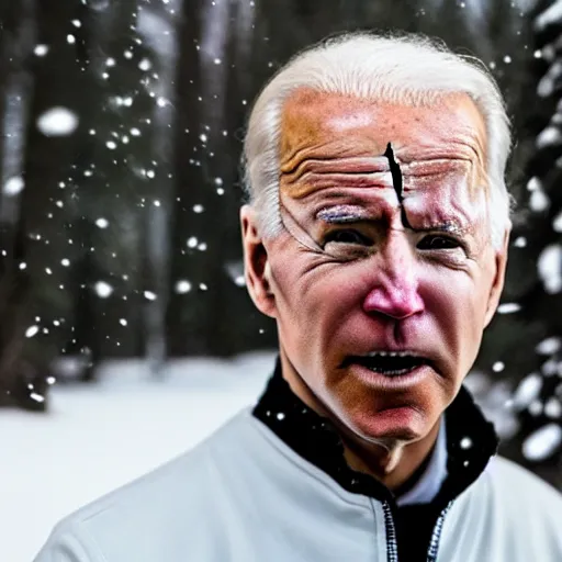 Image similar to professional photograph of angry Joe Biden with white paint on his face and wearing dark robes standing in a snowy forest, 8k, highly intricate, highly detailed,