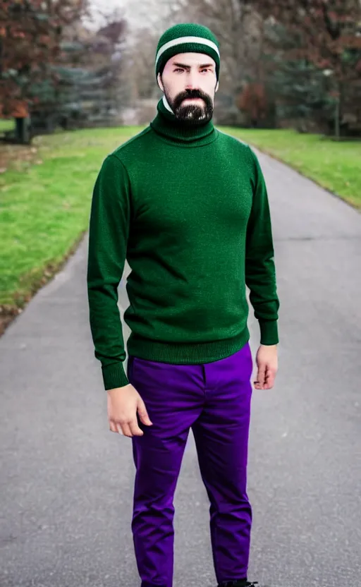 Prompt: a young man with a chin - style dark brown beard without mustache in a dark black cap, green turtleneck, purple pants and super white sneakers in full height, perfect face, without mustache, mark vanderloo face, photography