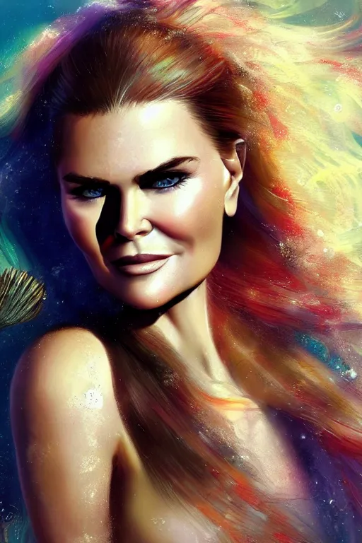 Image similar to mix of beautiful young maria shriver, mariel hemmingway, brooke shields, nicole kidman and elle macpherson as an underwater mermaid, thin lips, hair tied up in a pony tail, dark blonde hair, colorful, artstation, cgsociety