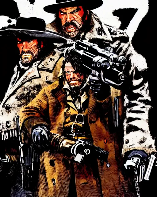 Image similar to epic action gunfight scene from The Hateful Eight by Quentin Tarantino in style by Dave Gibbons and Yoji Shinkawa, trending on artstation, details, intricate, 4k, perfect faces