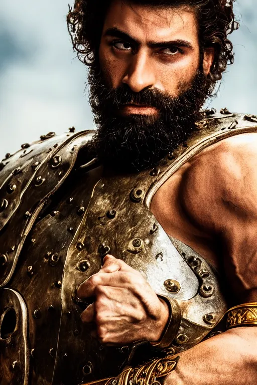 Prompt: portrait of a herculean jewish warrior. smooth iron and bronze armour. rugged young man, very beautiful. big muscles, cinematic lighting, highly detailed, full body shot. beard. bollywood action movie poster