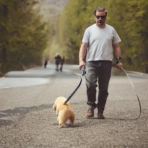 Image similar to photo of a man walking a bizarre creature on a leash like a dog
