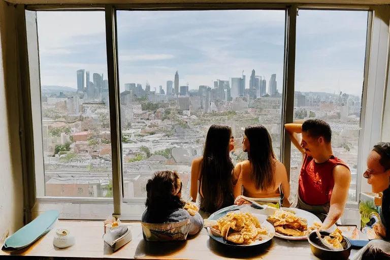 Prompt: a picture of us wasted eating taco and looking outside bay windows and seeing our utopian city, attention grabbing, golden hour, award winning