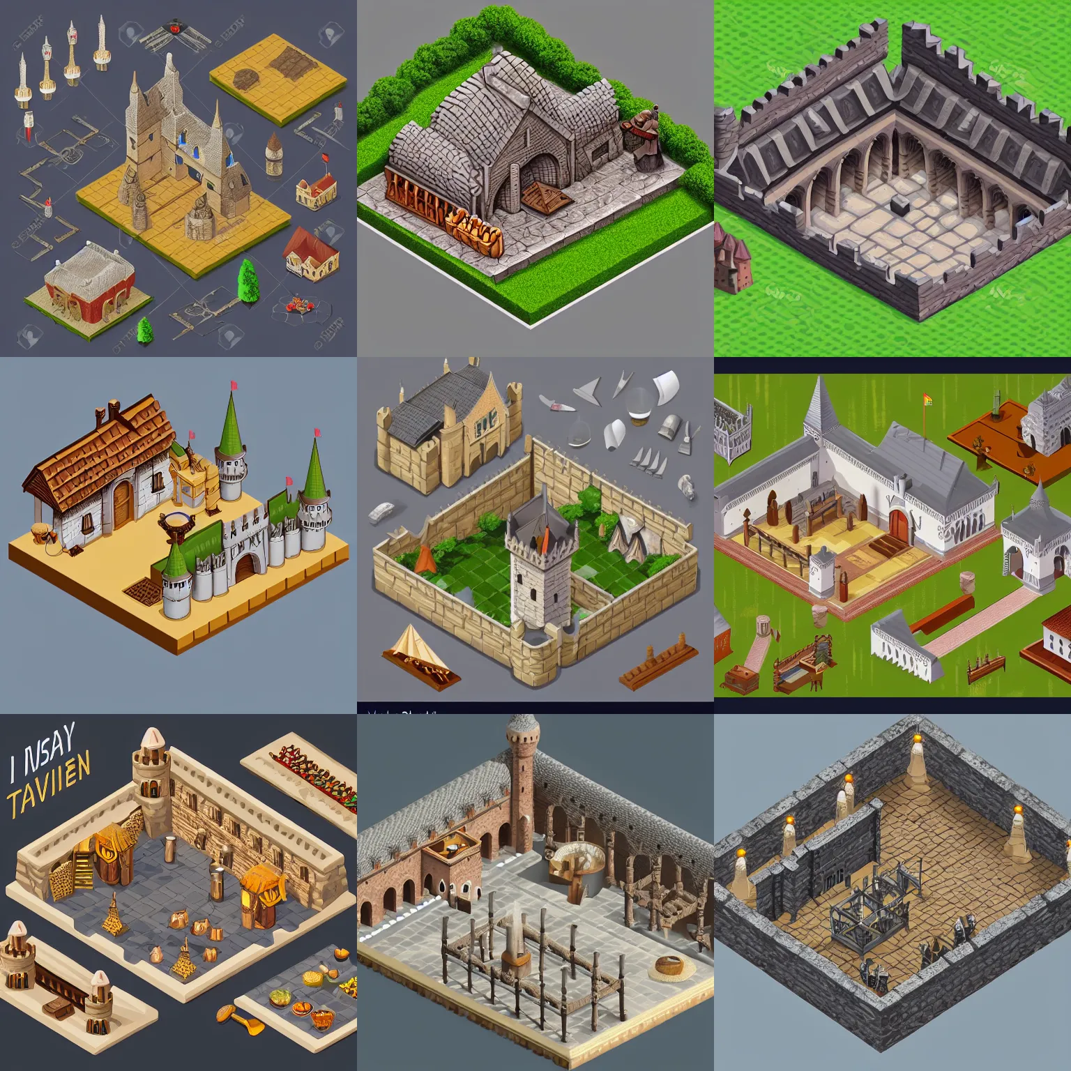 Prompt: isometric view, detailed, medieval tavern and a castle, asset on grey background