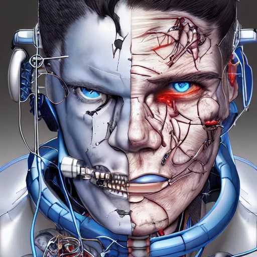 Image similar to Male cyborg, battle-damaged, scarred, handsome face, bored expression, blue eyes, sterile background, profile shot, sci-fi, bio-mechanical, wires, cables, gadgets, Digital art, detailed, anime, artist Katsuhiro Otomo