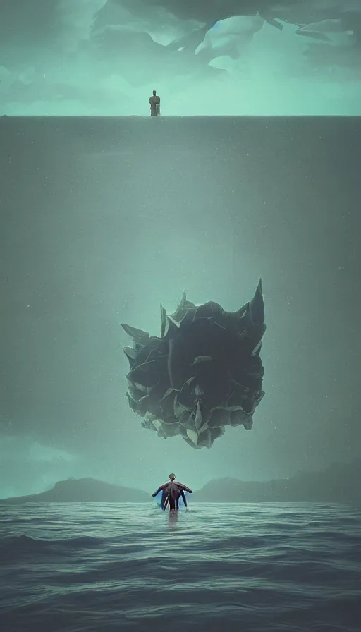 Image similar to man on boat crossing a body of water in hell with creatures in the water, sea of souls, by beeple