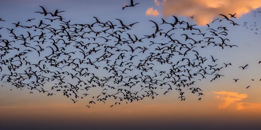 Image similar to at dawn a flock of seagulls takes flight from the beach, early morning light, sunrise, dramatic lighting, cinematic