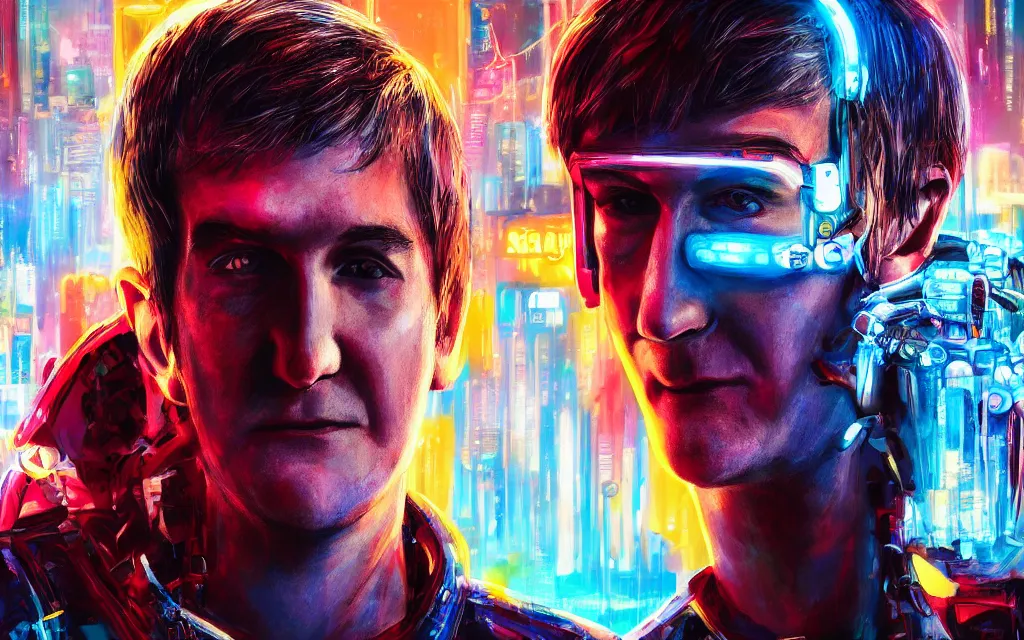 Image similar to A bright portrait of Bo Burnham as a cyborg in a cyberpunk world. 4K HD Wallpaper. Premium Prints Available