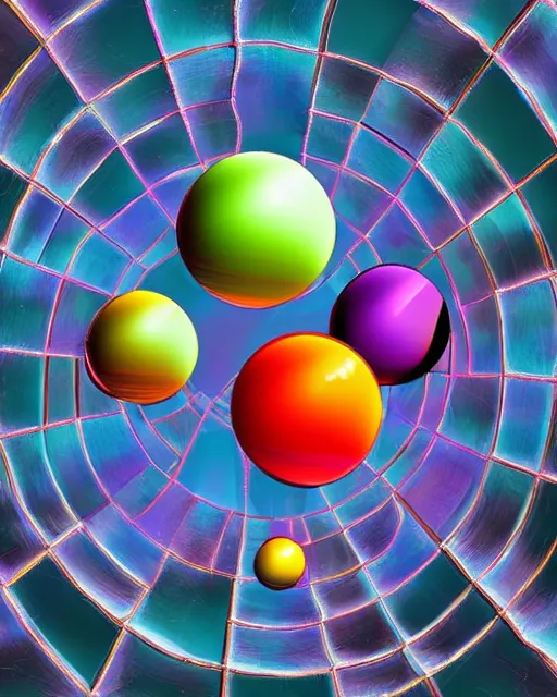 Prompt: glass orbs, multicolored 3 d shapes, float in space, 1 9 8 0 s cgi, 3 d art, harsh shadows and reflections