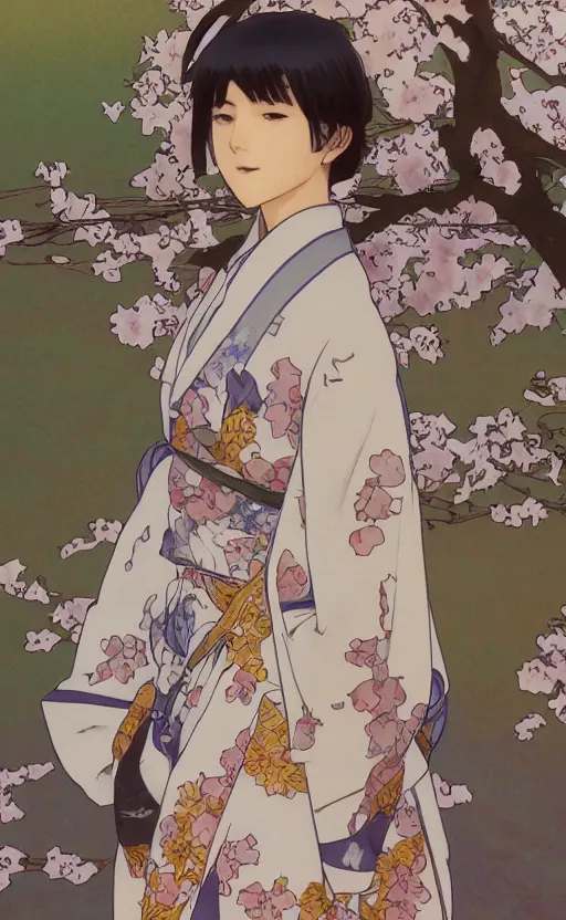 Prompt: front portrait of a boy standing, sakura tree in background, yukata clothing, battlefield in background, anime style, short hair, hair down, symmetrical facial features, from arknights, hyper realistic, 4 k, extreme detail, detailed drawing, trending artstation, realistic lighting, by alphonse mucha, greg rutkowski, sharp focus, backlit