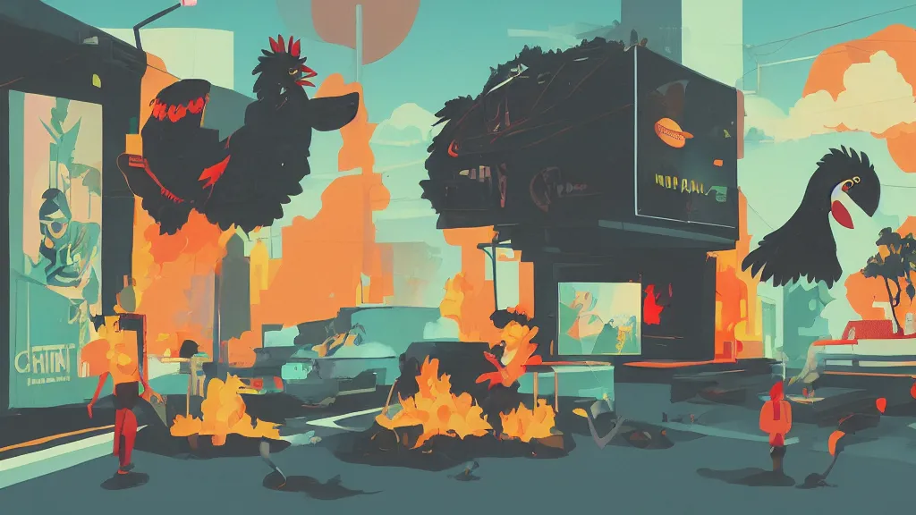 Image similar to black! chicken! smoking cannabis!!!, in front of multi monitors broadcasting studio, artwork by James Gilleard